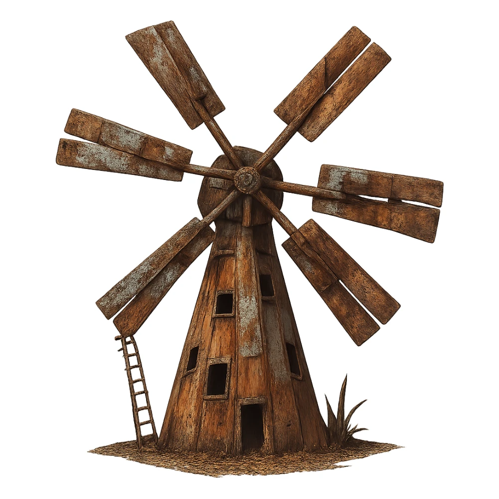 Make the windmill look rusty and weathered, preserving the junkyard and uneven blade details. Keep the transparent background intact. The style should reflect a weathered, rusty look while maintaining the junkyard and uneven blade details. sticker