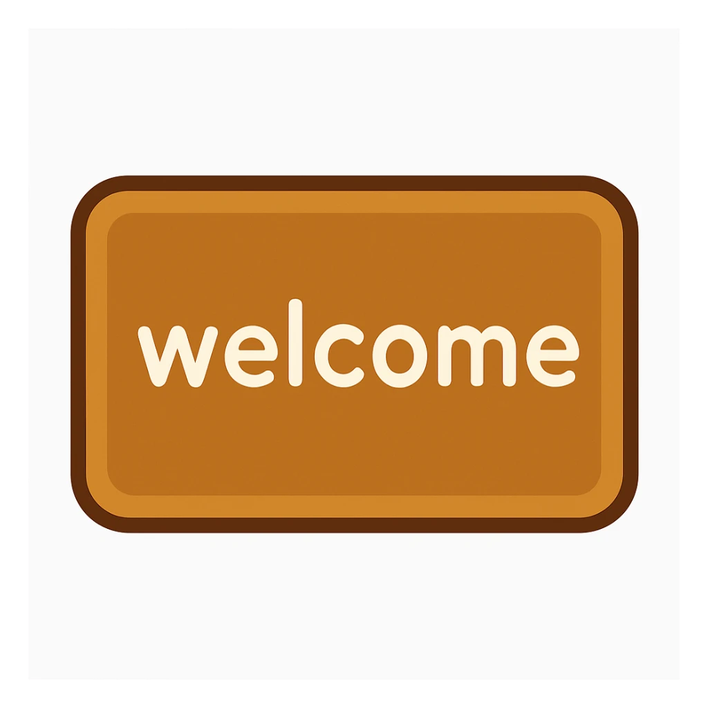 Create a simple emoji-style icon of a welcome door mat. Keep the rectangular shape and include the word 'welcome' clearly visible on the mat. The style should resemble a clean, minimal emoji look. sticker