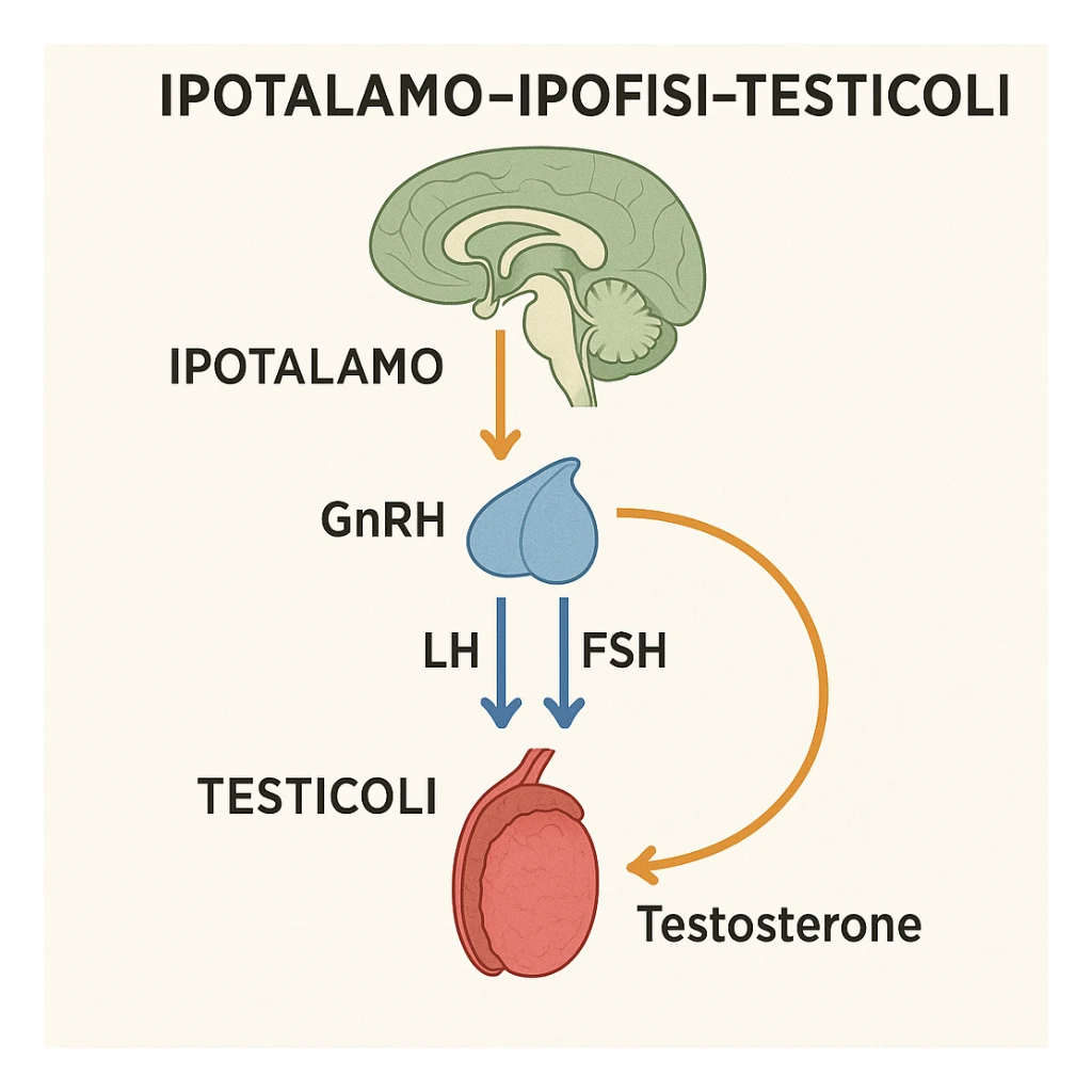 clear and realistic infographic of the HPT axis (hypothalamus-pituitary-testes): showing hypothalamus, pituitary gland, and testes connected by arrows, including hormone names (GnRH, LH, FSH, testosterone), simple diagram, distinct colors for each part, scritte in italiano sticker