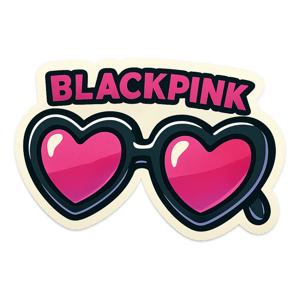heart-shaped sunglasses, retro sticker style, black and pink, bold outlines, fun and energetic, inspired by BLACKPINK sticker