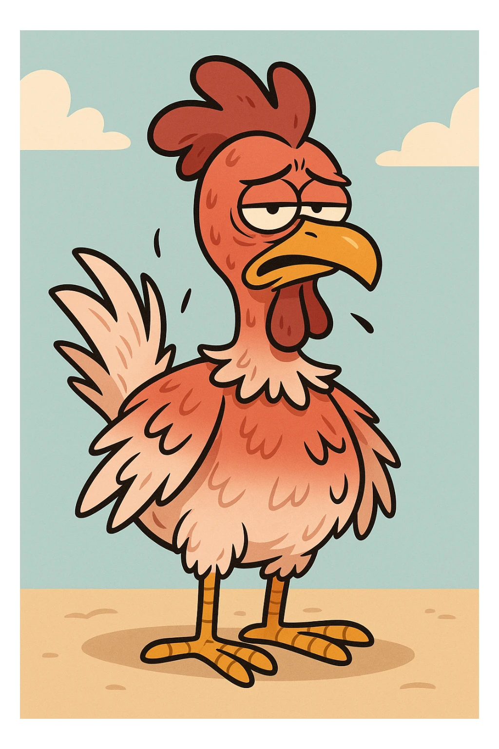 a sunburnt chicken, cartoon style, exaggerated red skin, ruffled feathers, looking uncomfortable sticker