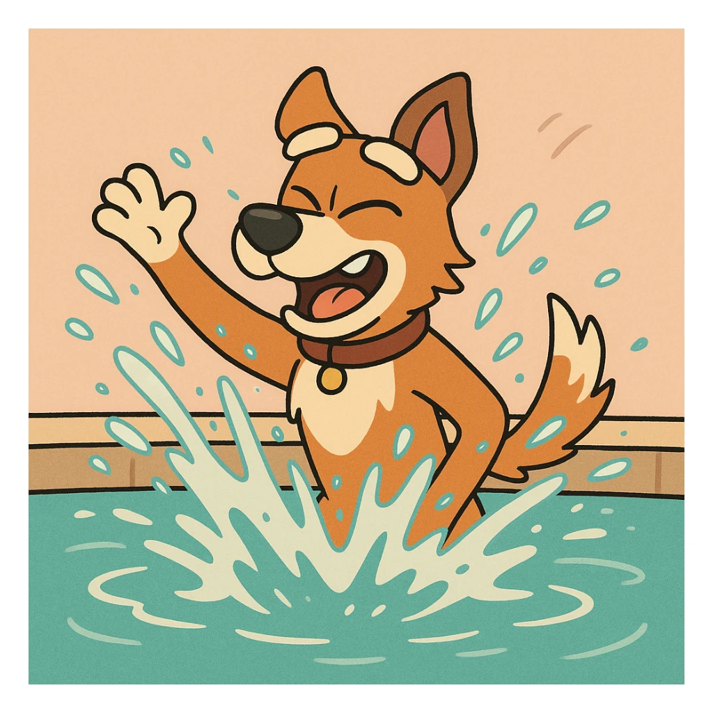 indie dog splashing water in a pool, energetic, cartoon style sticker