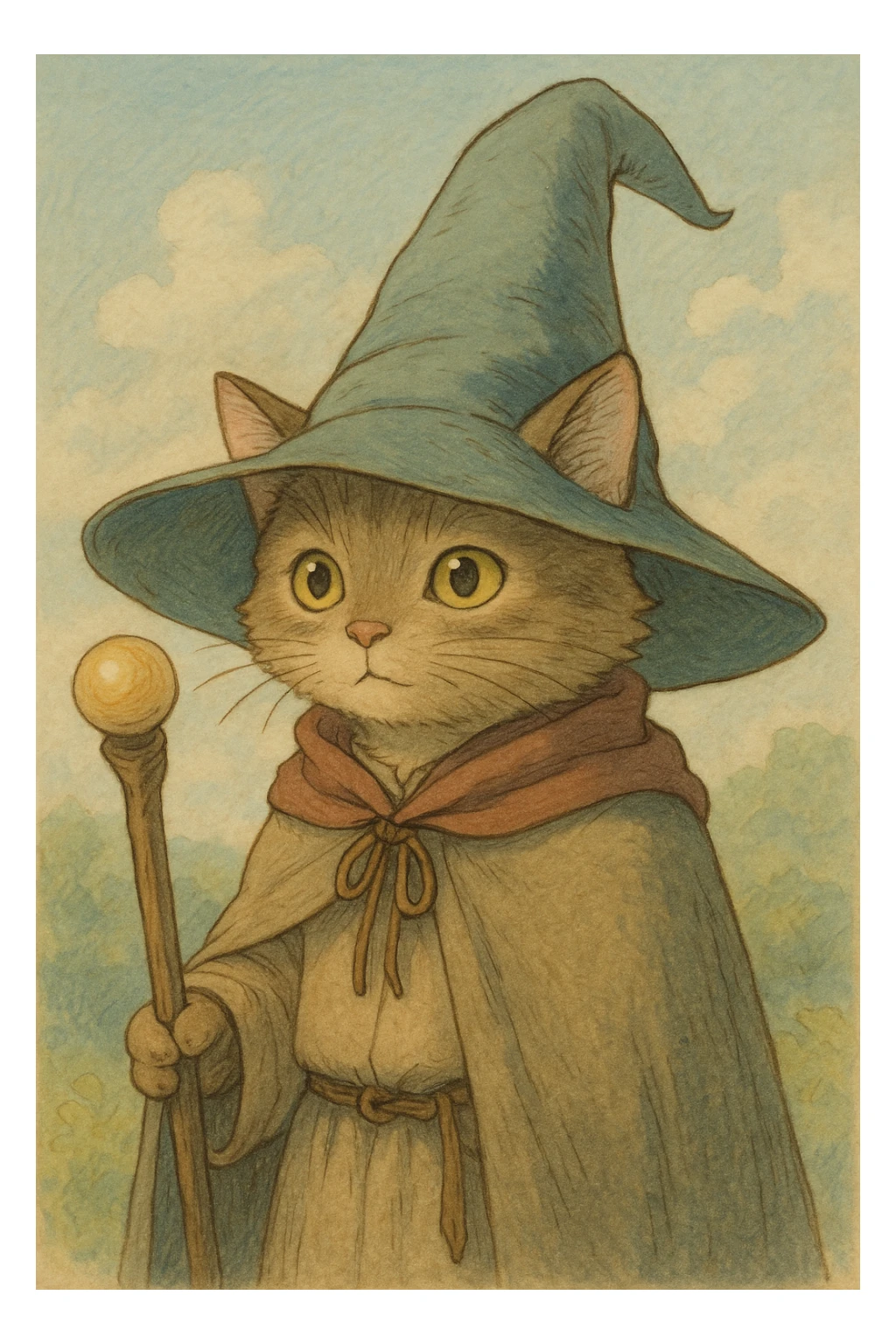 cat wizard, detailed, whimsical, soft colors, wearing a large pointed hat, ghibli style sticker