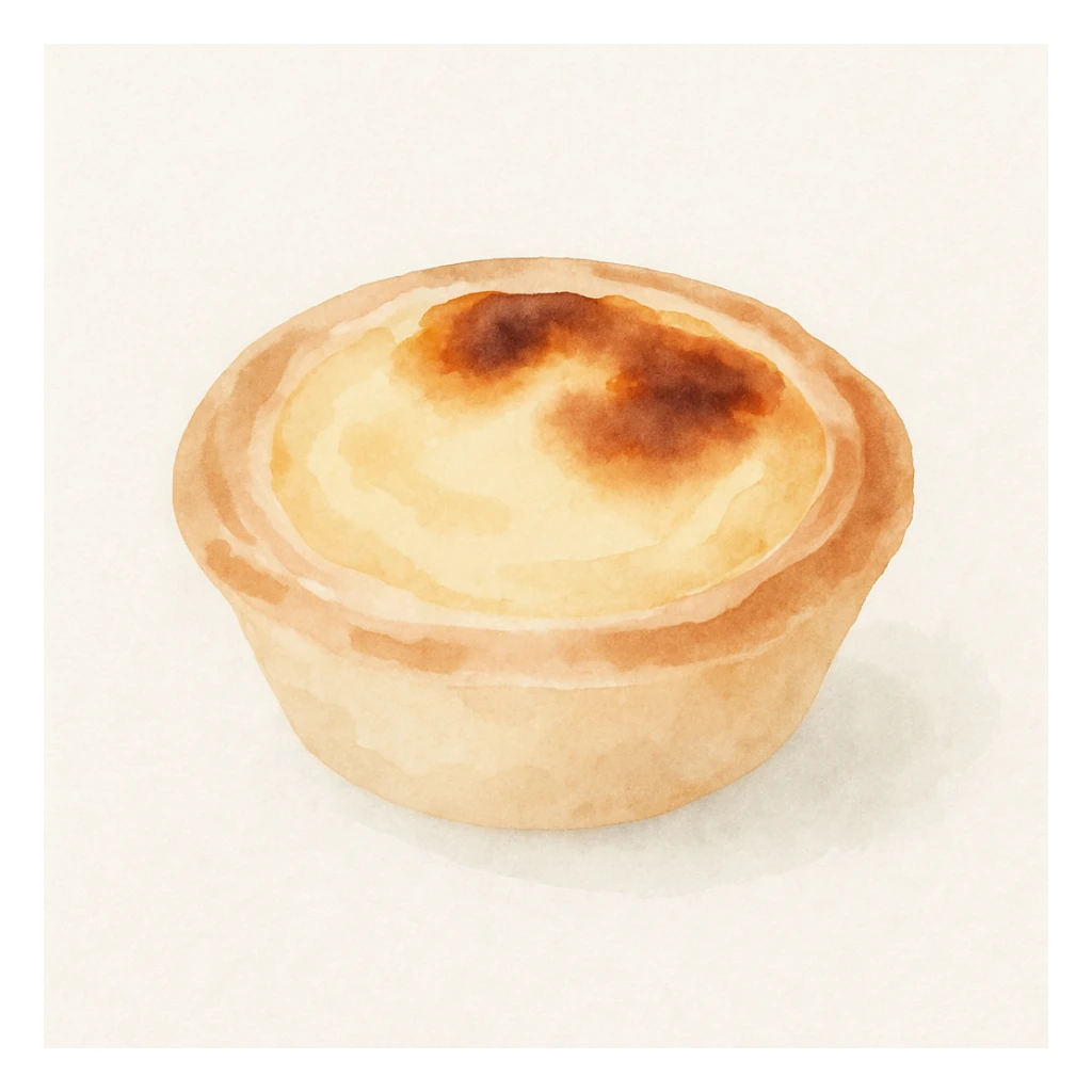 pastel de nata, illustrated in a soft, painterly style, showing the creamy custard filling and browned top, no text sticker