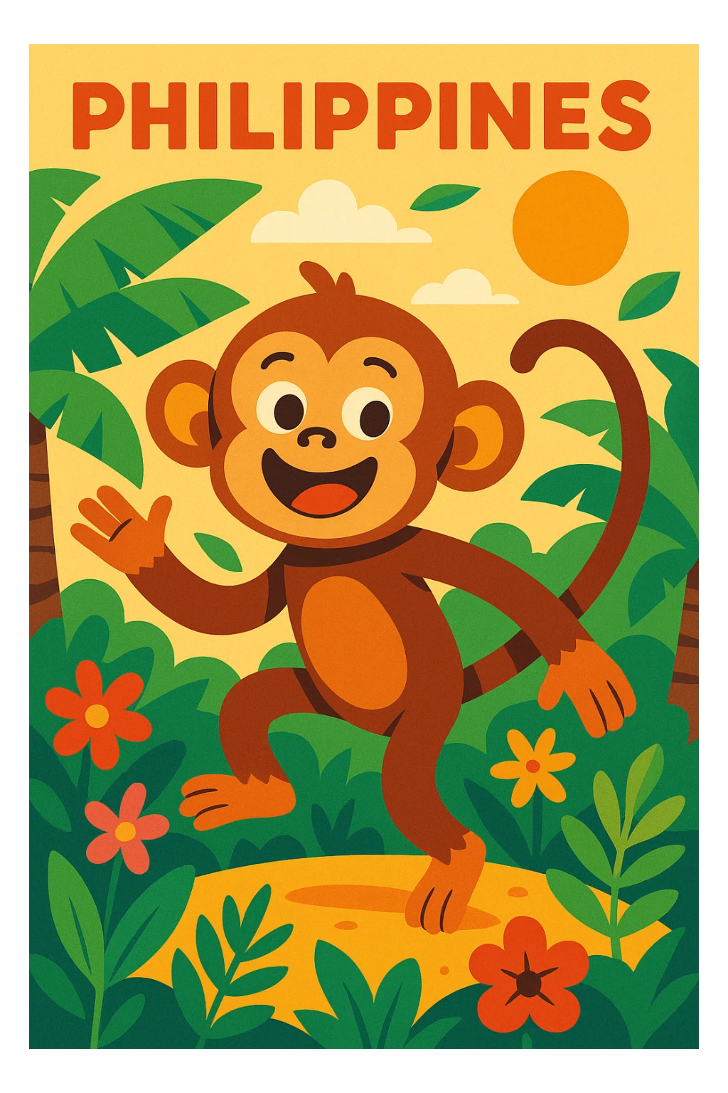 a playful monkey in the Philippines with vibrant colors, tropical background sticker