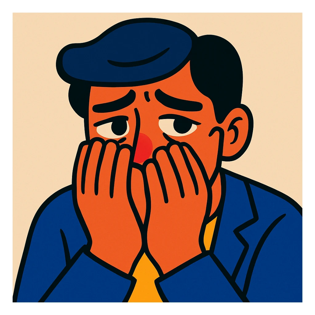 a person hiding their sadness, subtle facial expression, hands partially covering face, neutral background, expressive eyes, modern illustration style sticker