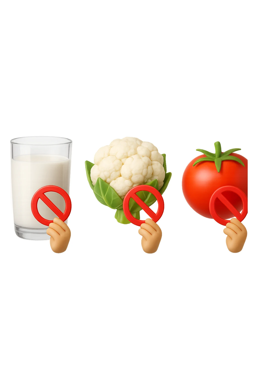 emoji stile iphone di un BICCHIERE DI LATTE CAVOLFIORE E POMODORO CHE FLUTTUANO IN ARIA VERTICALMENTE CON DIVIETI IN MANO, iperrealistico 4k, isolato su sfondo bianco sticker