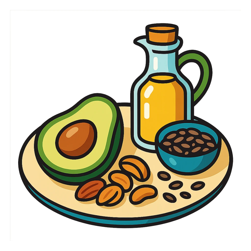 plate with avocado, nuts, olive oil, and seeds in vibrant toon style sticker