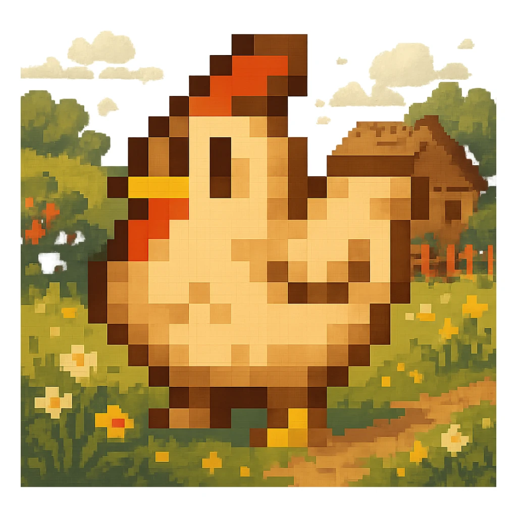 Using a transparent background, re-imagine this pixelated chicken in a cottage core setting sticker