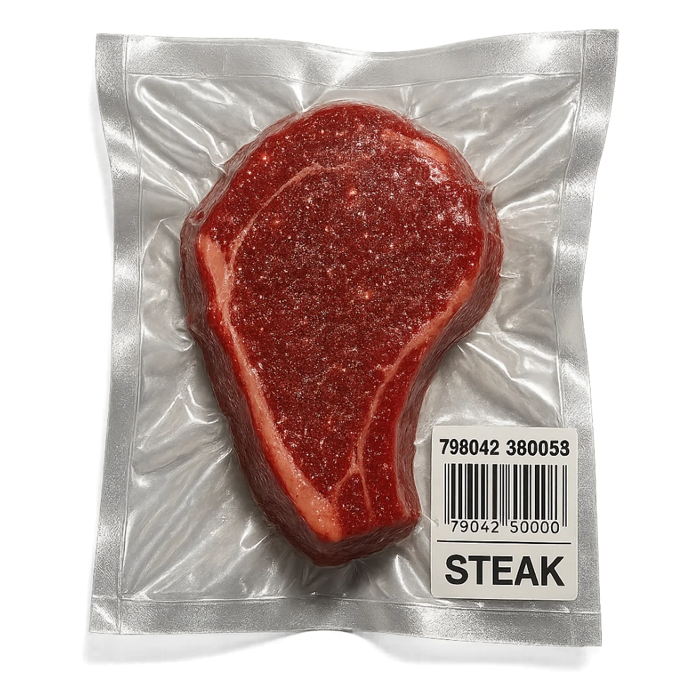 steak with glittering surface, very shiny, vacuum-sealed style sticker
