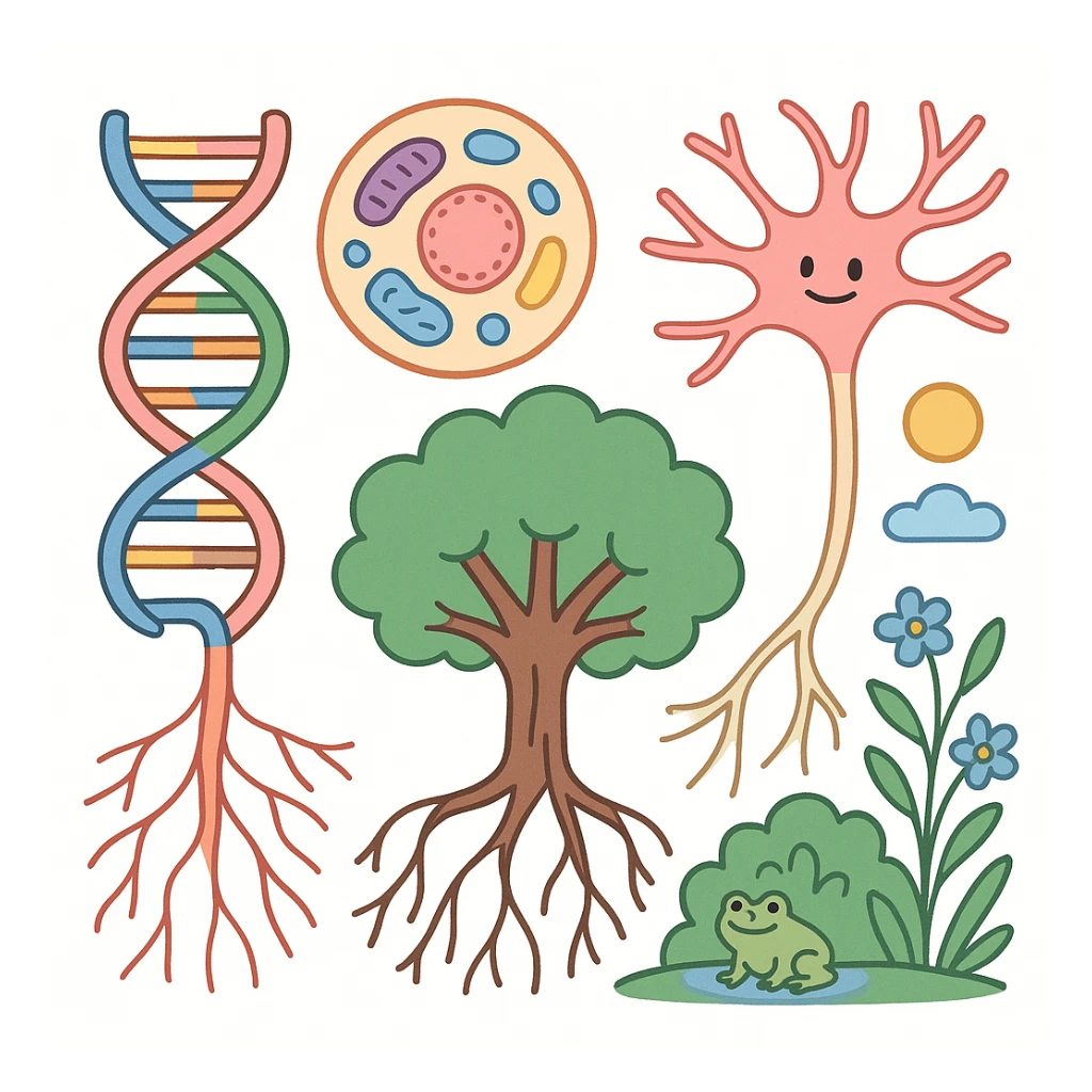 A realistic biological illustration (like in a school book) showing: DNA strands transitioning into a tree, cells with visible organelles, neurons connected to plant roots  and a balanced ecosystem background . Seamless integration, no labels or borders, complete white background (not off white!), detailed but minimalist.  sticker