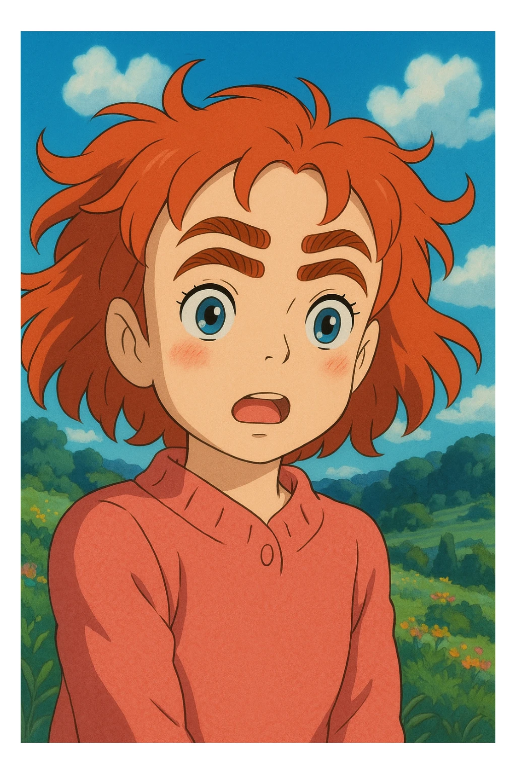 girl with red hair and four eyebrows, ghibli style sticker