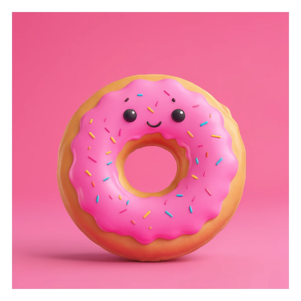 Create an emoji of this donut character with a surprised expression, 3D cartoon style, pink background. sticker