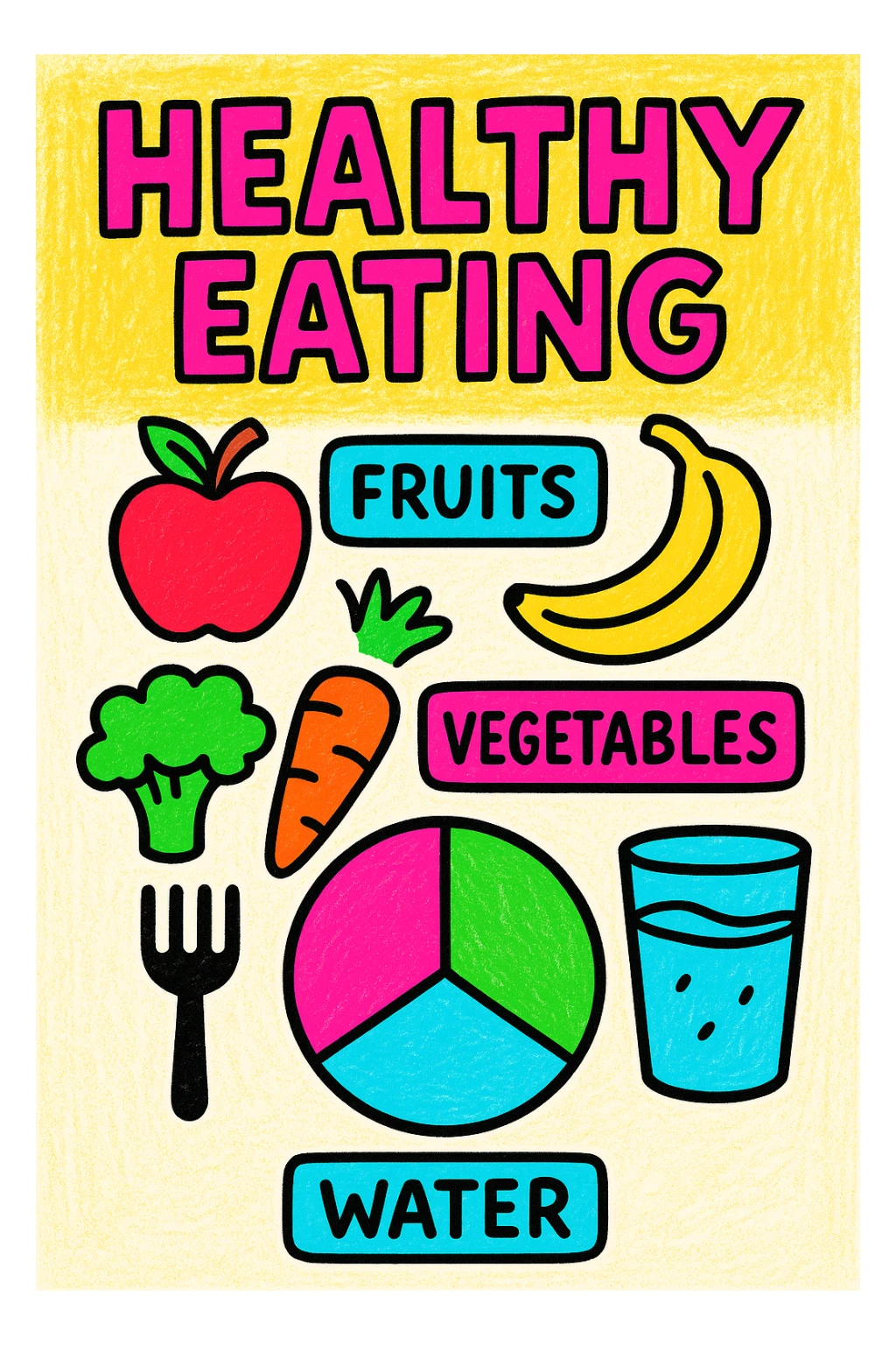 infographic about healthy eating in pop art style with bright colors, simple shapes, bold outlines, playful design, including fruits, vegetables, water, and balanced plate icons sticker