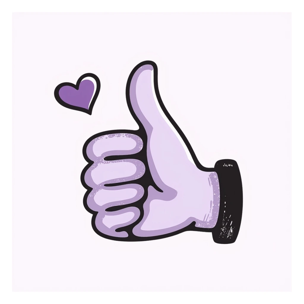 thumbs up emoji in chalk style, soft lilac color palette, rough doodle-like texture as if drawn with pastel chalk on a dark surface, aesthetic and emotional Telegram channel, subtle heart accent sticker