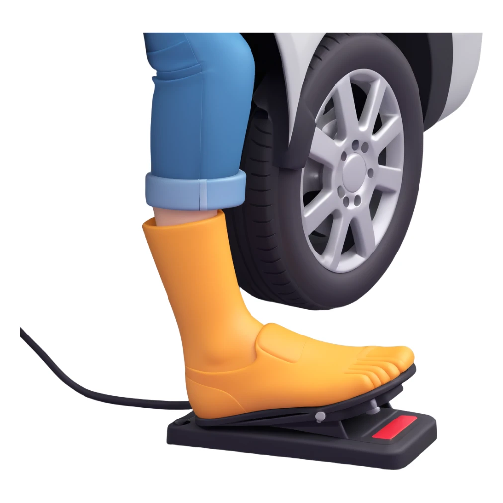 A clean 2D emoji-style illustration of a single right foot pressing down on a car gas pedal. Only the foot and the pedal are shown, viewed from the side. The pedal is slightly tilted to show pressure. No background, simple colors, minimal details sticker