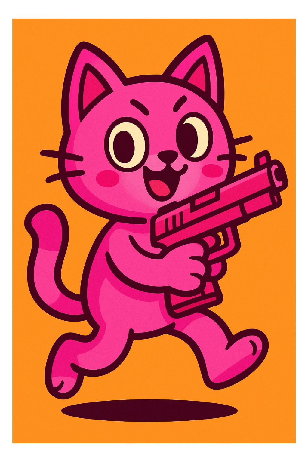 cute pink cat holding a pink gun, bold outlines, bright pinks, energetic pose sticker