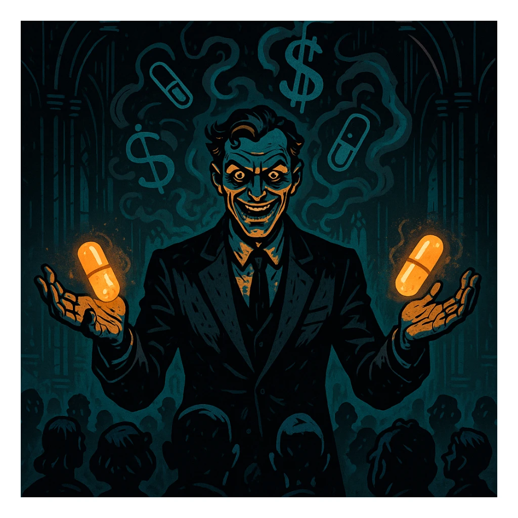 Charismatic man in a suit, glowing pills in hands, hypnotizing crowd, swirling pharmaceutical symbols, dollar signs in smoke, gothic neon-lit stage, cinematic lighting, hyper-detailed, Mike Mignola meets cyber-noir. Variant 7, more focus on pills. sticker