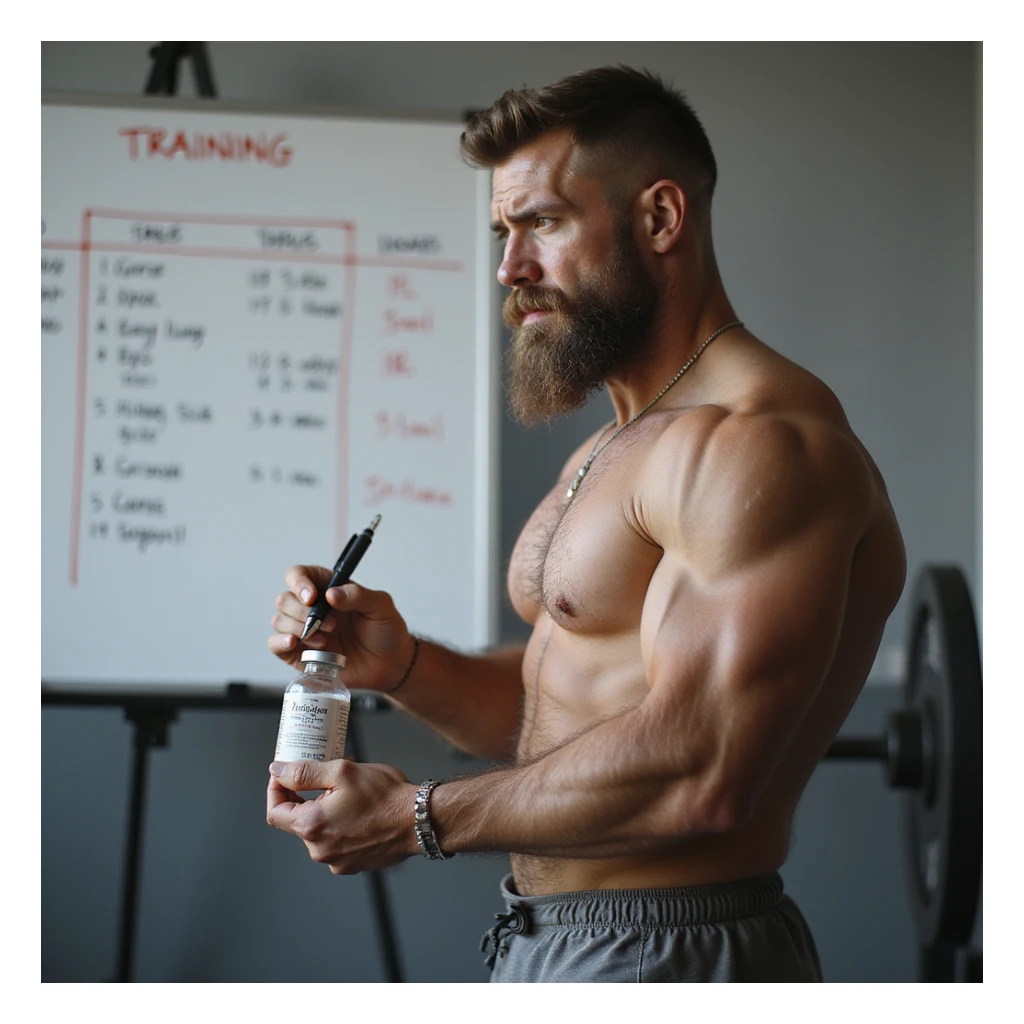realistic powerlifter in front of whiteboard with training tables and dosages, holding a pen and looking at a bottle of anabolic steroids (AAS), indecisive expression, isolated on white background sticker