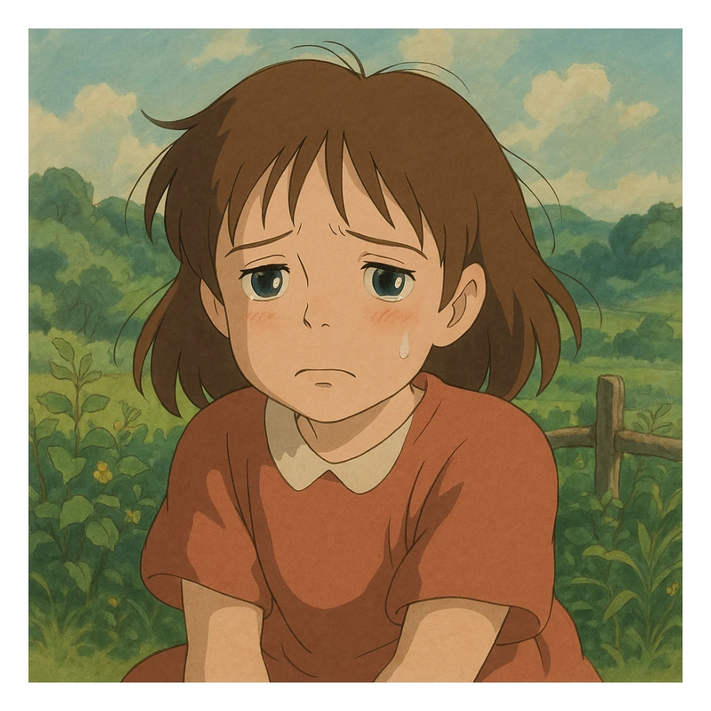 sad girl, soft colors, expressive face, ghibli style sticker