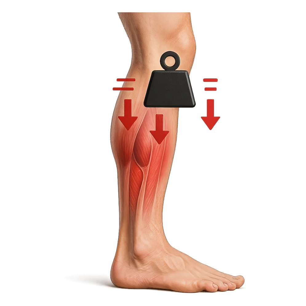 realistic human leg with visible overload indicated by weight or pressure symbols, contracted muscles, red area, 3D effect, isolated on white background sticker