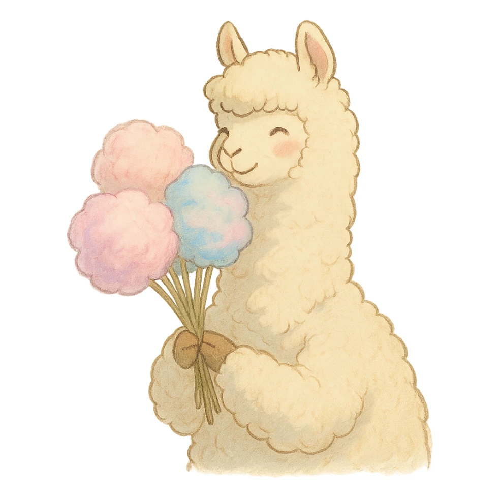 alpaca holding cotton candy bouquet in soft Ghibli style sticker