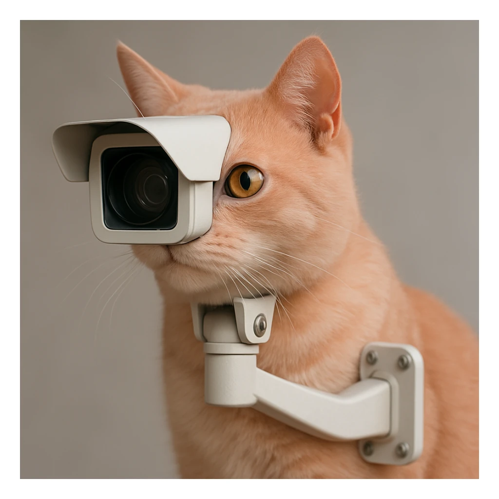 a pink cat merged with a CCTV camera, realistic and modern, lifelike sticker