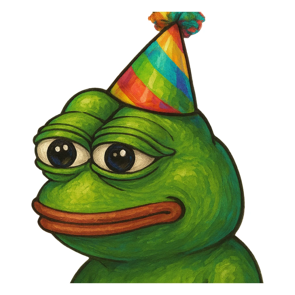 pepe the frog wearing a party hat, vibrant and detailed, gpt-image style sticker