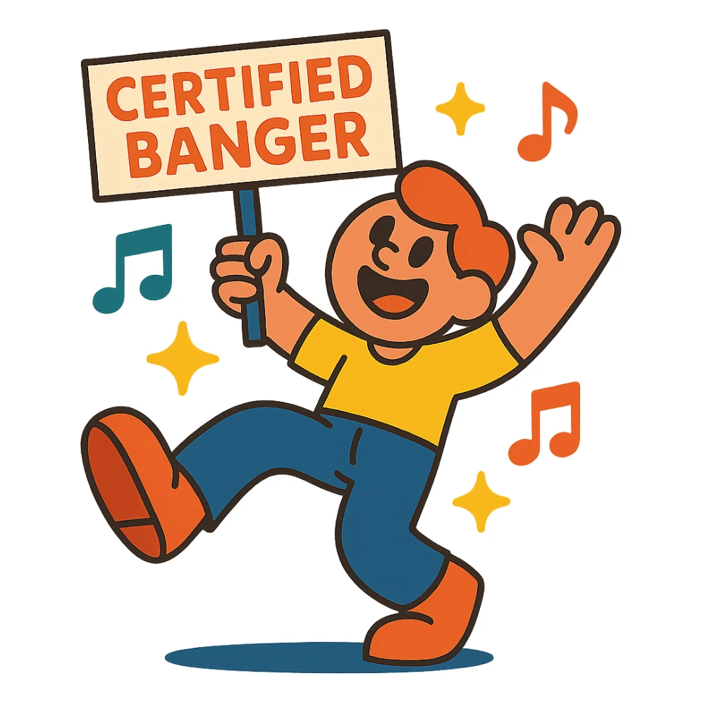 dancing character holding a sign that says certified banger surrounded by musical notes and sparkles cheerful animated style sticker