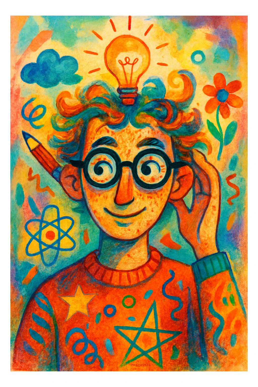 a smart person, creative artistic style, unique visual style, playful illustration style sticker