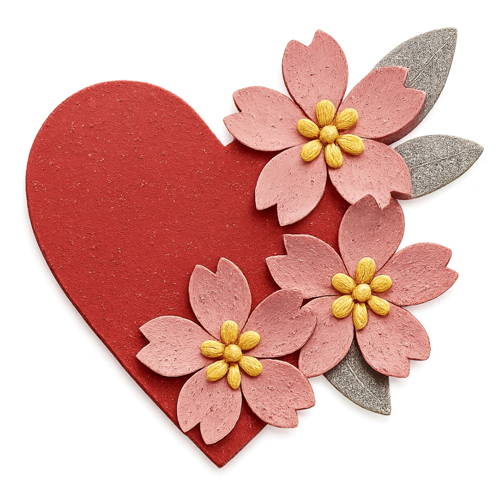 Make the silver accents and details extremely prominent and abundant on the heart with sakura, paper craft style, no background. sticker