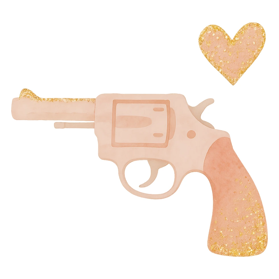 Add sparkling glitter details to the watercolor pink heart pistol, keeping the soft edges and gentle color blending, with no background. sticker