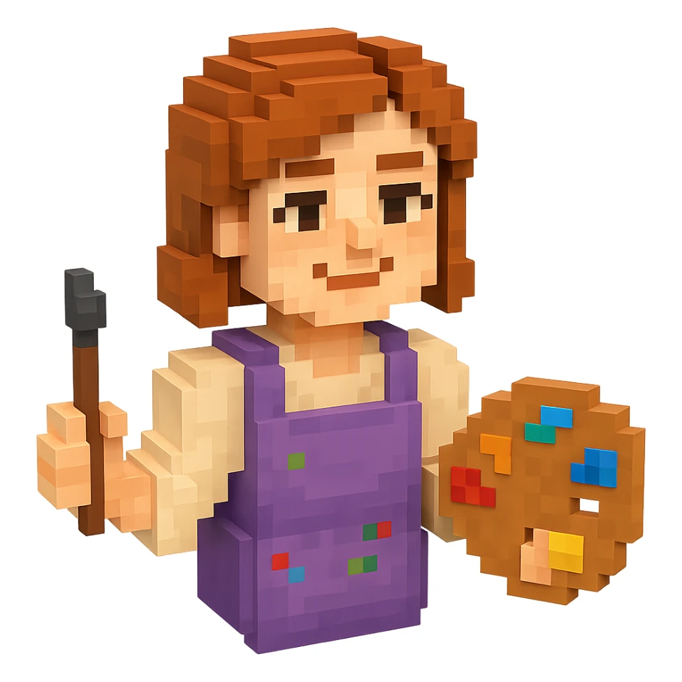 Serene female oil painter, Caucasian features, shoulder-length auburn hair, soft brown eyes, gentle smile, wearing a violet painter’s apron lightly stained with paint over a beige blouse, holding a wooden palette with vibrant colors in one hand and a brush in the other, waist-up, front-facing sticker