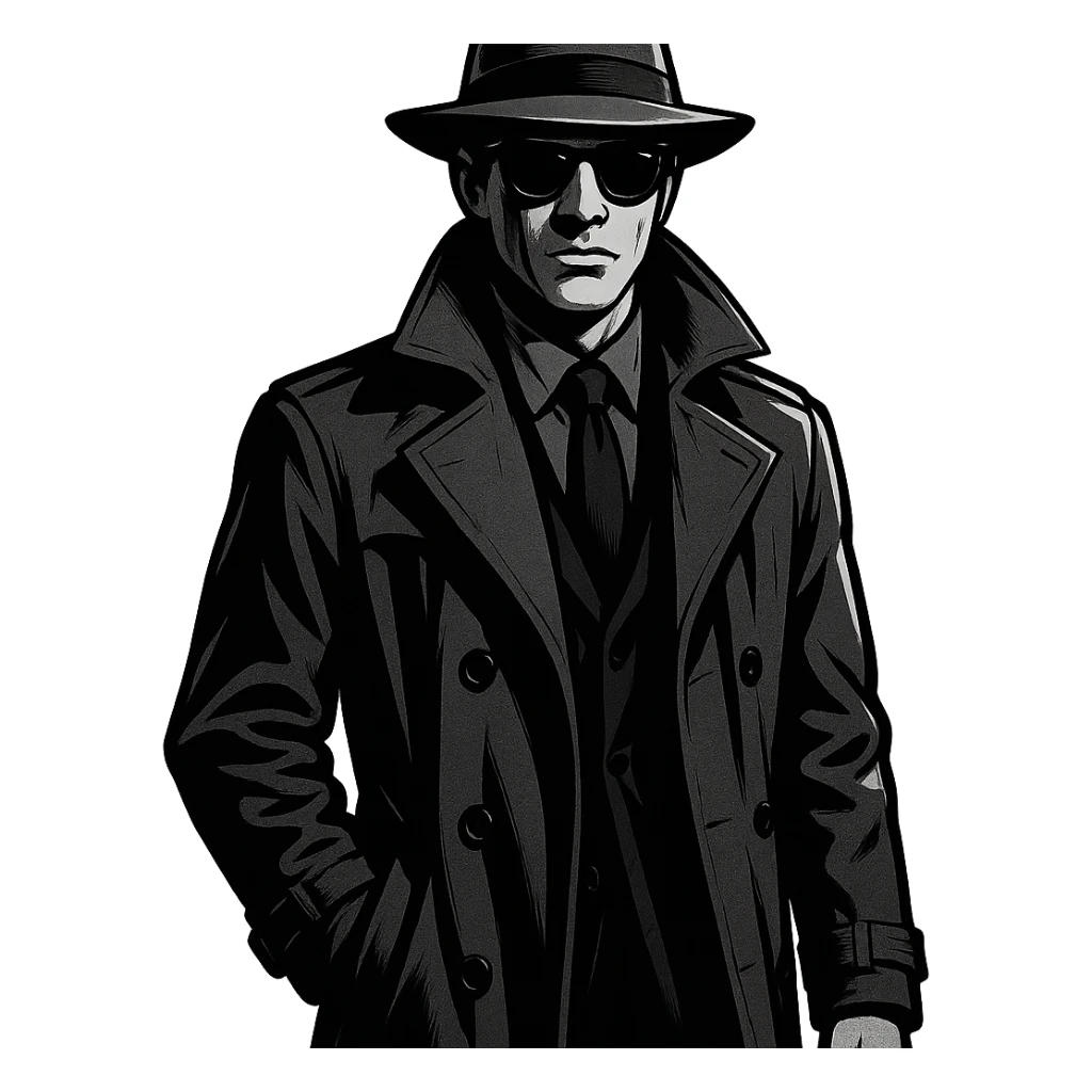 a spy, mysterious and cool, wearing sunglasses and a trench coat sticker