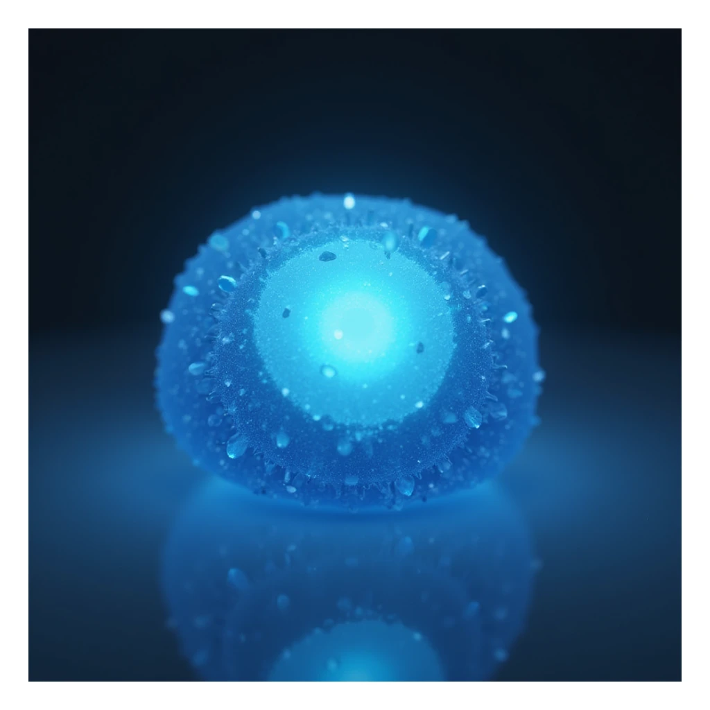 realistic blue candy with a glowing center, photorealistic style sticker