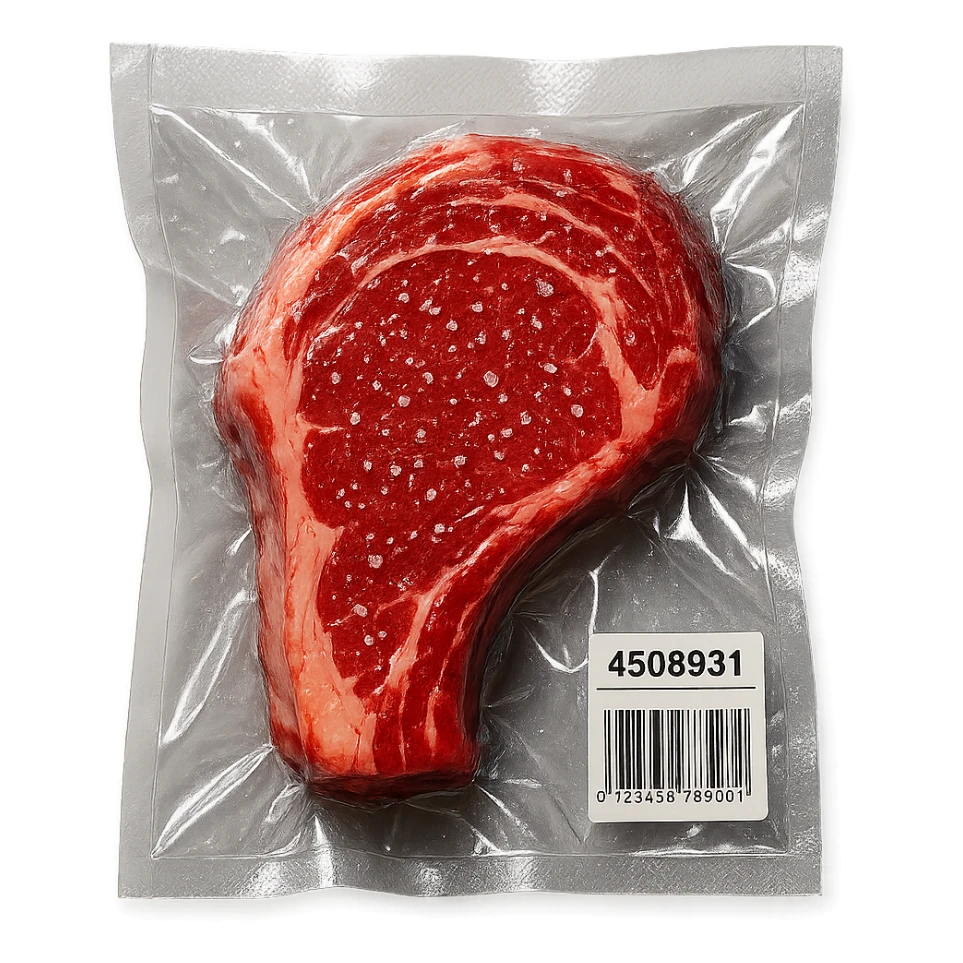 juicy steak sprinkled with tiny crystals, shiny and inflated, vacuum-sealed style sticker