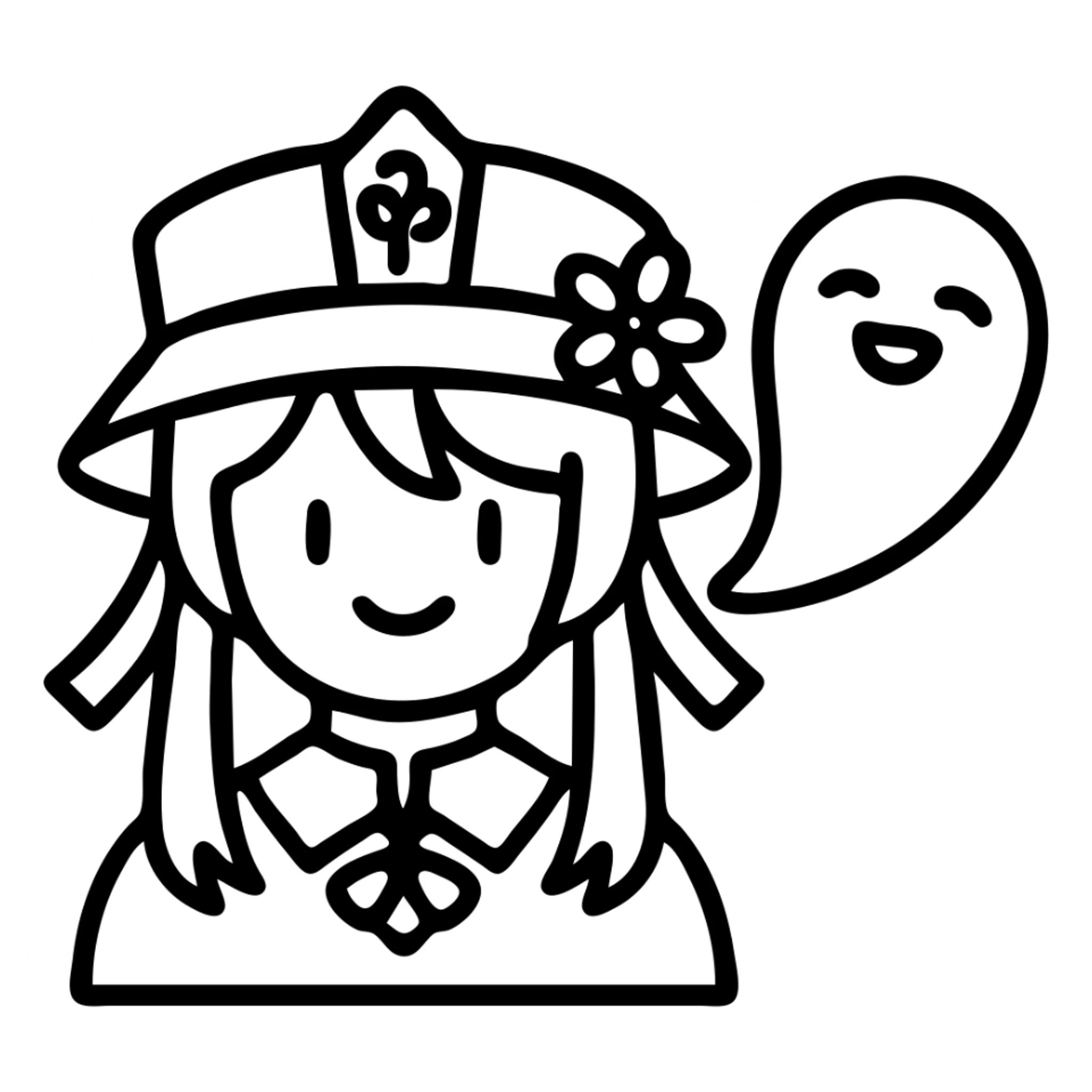 Add a ghost next to the character, maintaining the icon style inspired by Hu Tao from Genshin Impact. sticker