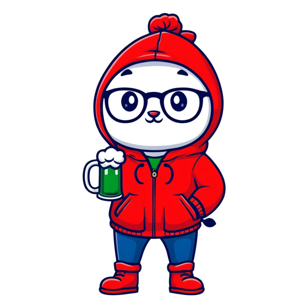 Catfish wearing a red hooded winter jacket, round glasses, blue jeans, red boots, holding a beer can with red label sticker