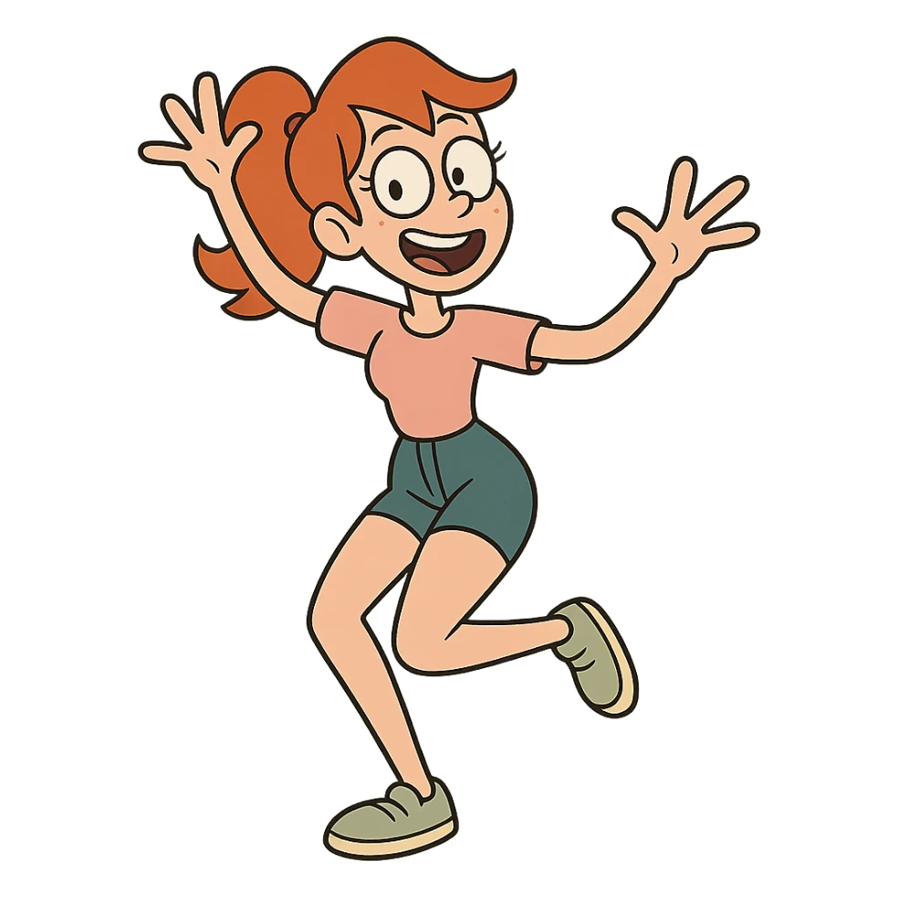 red-haired girl in a playful pose, cartoonish and exaggerated sticker