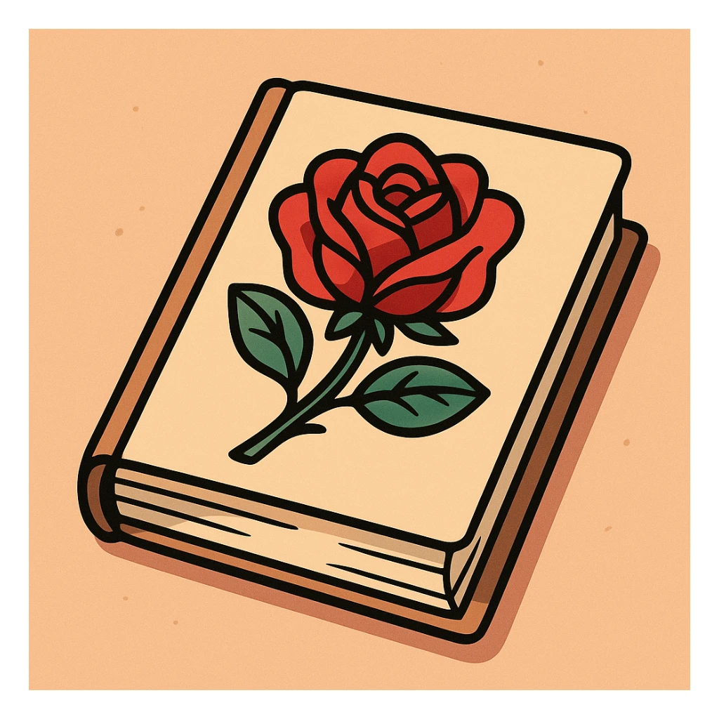 a closed book with a large red rose on the cover, minimal design, flat toon style sticker