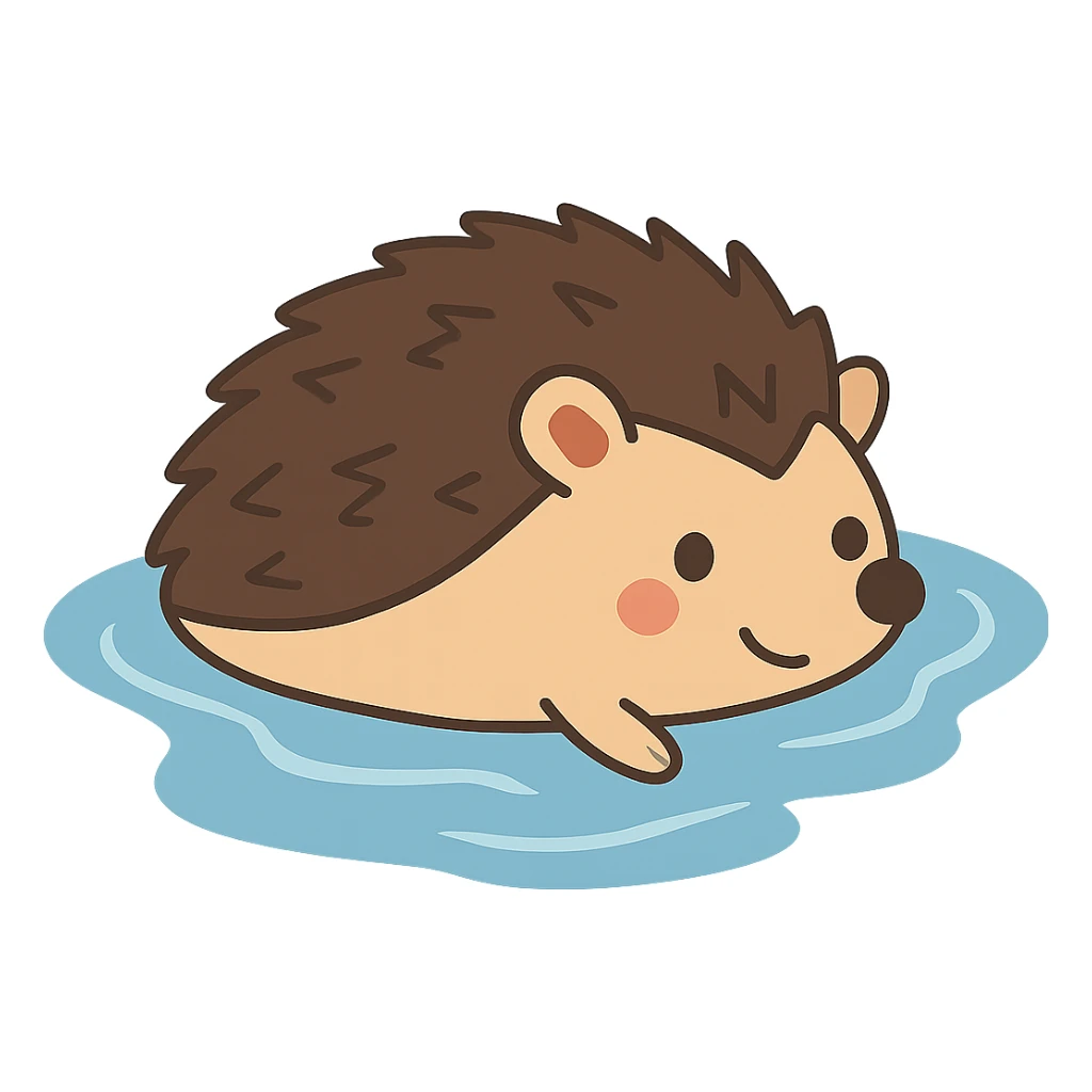 flat toon style hedgehog floating on water, no background sticker