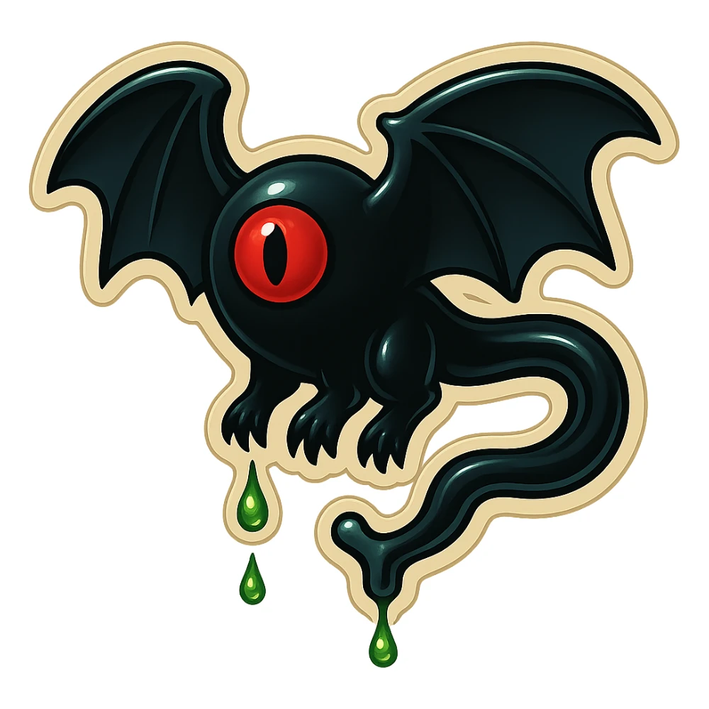 an all black reptilian bat-like creature. One cyclopian red eye in its face. no visible mouth or ears. 2 hind legs with claws. has a long tale with a stinger that drips green poison. no ears. no horns. no arms. visible bone-like stinger at end of tail sticker
