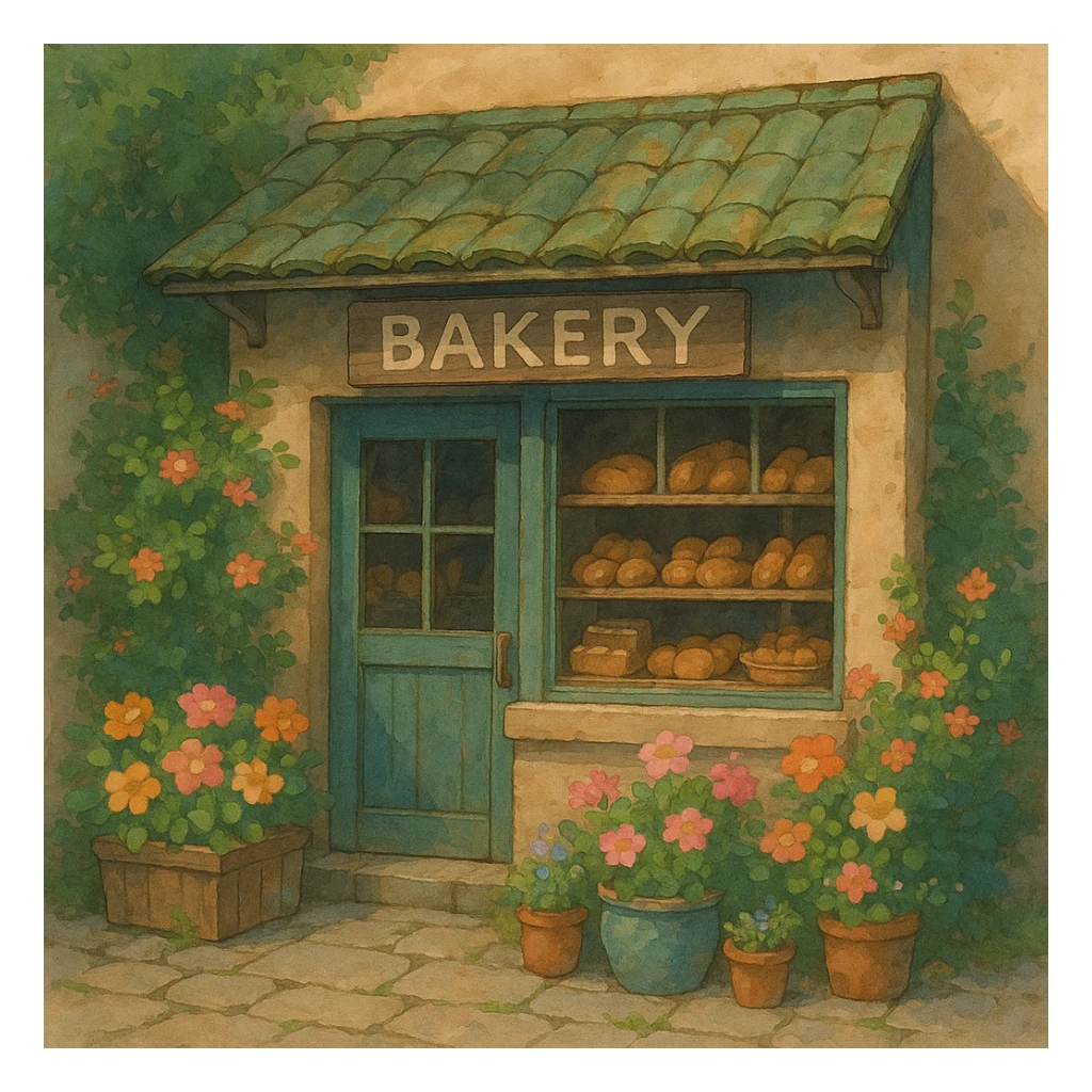 small bakery storefront with flowers, ghibli style sticker