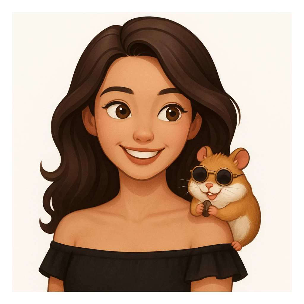 Add a cheeky, adorable hamster perched playfully on her shoulder. The hamster is wearing tiny round sunglasses and munching on a seed. The woman and her hamster are sharing a fun, carefree moment together, radiating warmth and joy. Keep the modern, clean, warm style. sticker