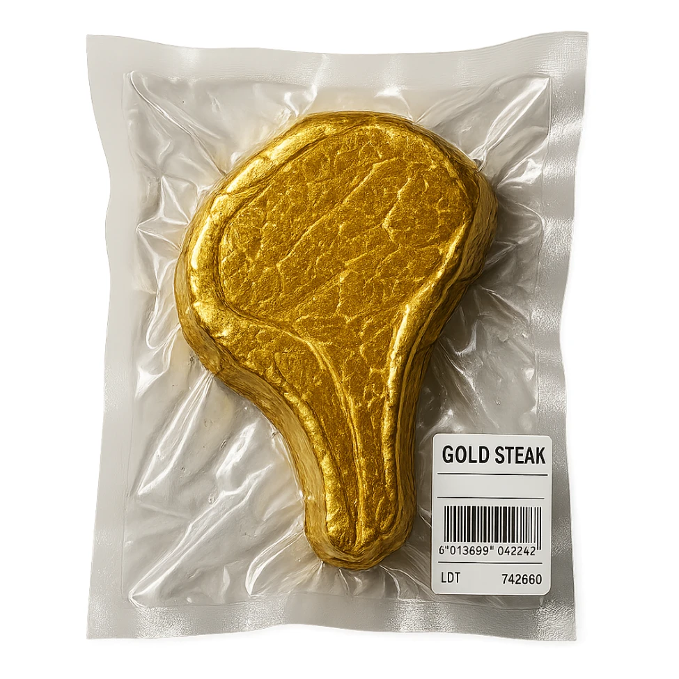 luxurious gold steak, glossy, vacuum-sealed style sticker