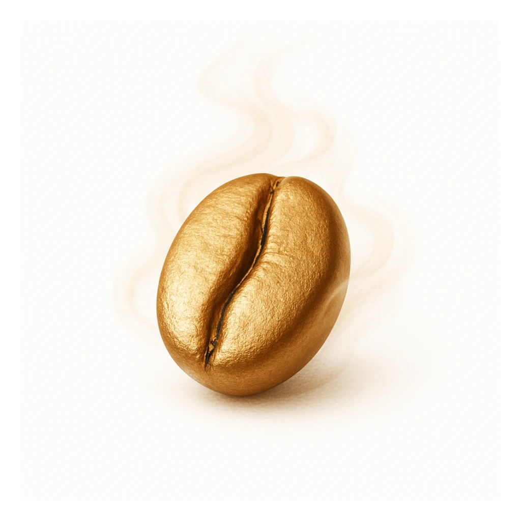 a single golden coffee bean, highly detailed and realistic, clean minimalist luxurious elegant style, bean wrapped in soft swirling mist evoking warmth and aroma of freshly brewed coffee, highest resolution, suitable for logo and branding, inspired by reference image, pure white background with transparent edges sticker