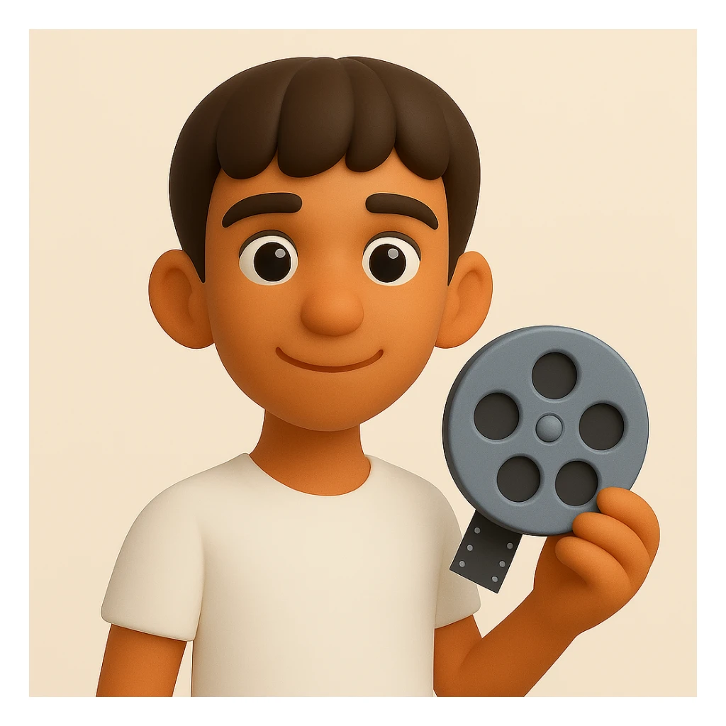 Make the man in the image slimmer and give him a kind face, while keeping the 3d-emoji style and retaining the cinema symbol in his hands. The style should resemble Microsoft style 3d fluent emojis. sticker