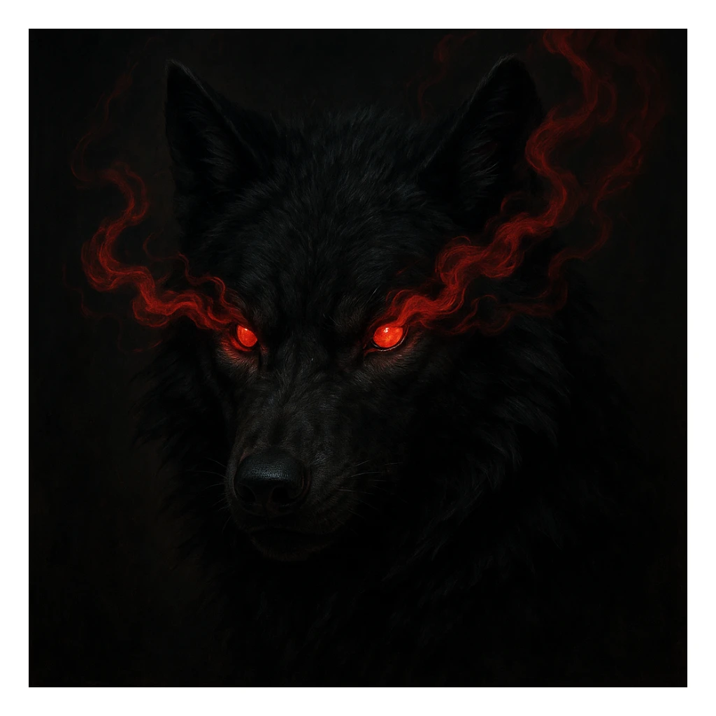 a black wolf head with red smoke eyes, dramatic, detailed style sticker