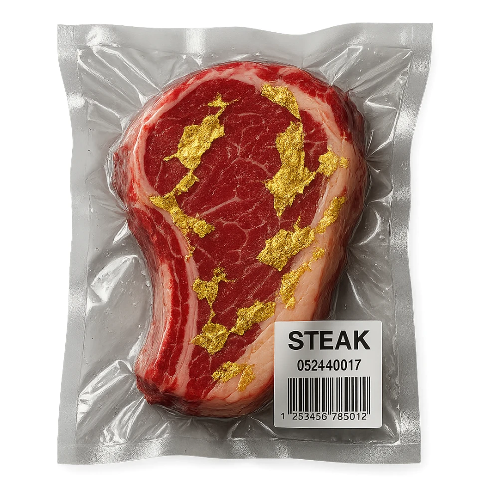 steak with gold leaf accents, glossy and inflated sticker