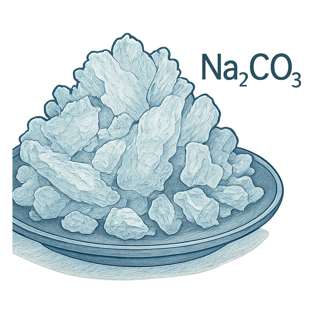 Изобрази кристаллы Na2CO3 на тарелочке, объемные, слегка рисованные, но при этом фотореалистичные, прозрачный фон sticker